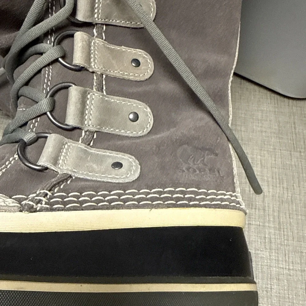 Sorel Joan of Arctic Gray Leather Winter Boots 7 /38 Eu Faux Fur‎ Warn